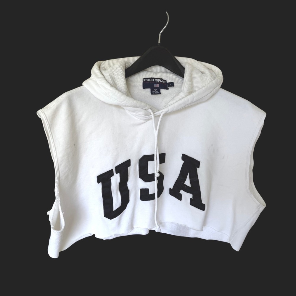 90's Polo Sport Ralph Lauren USA Sleeveless Hoodie Whiteโ Cropped Raw Hem Large